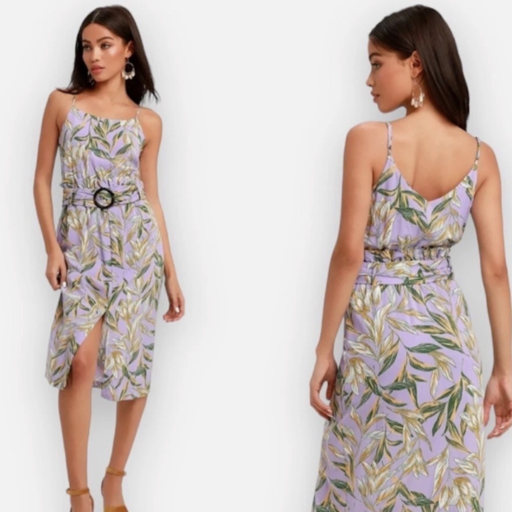 J.O.A. Just One Answer Raya Lavender Tropical Floral Midi Belted Dress Size M